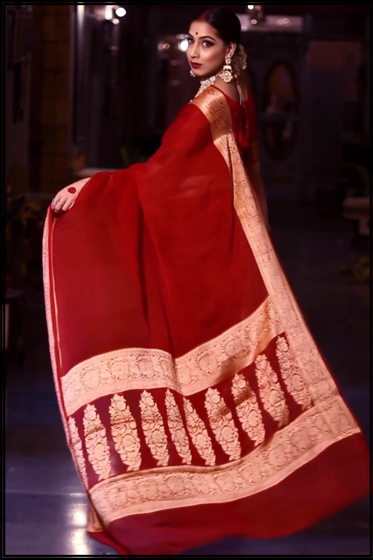 Ruby Red Chiffon Banarasi Saree with Gold Zari