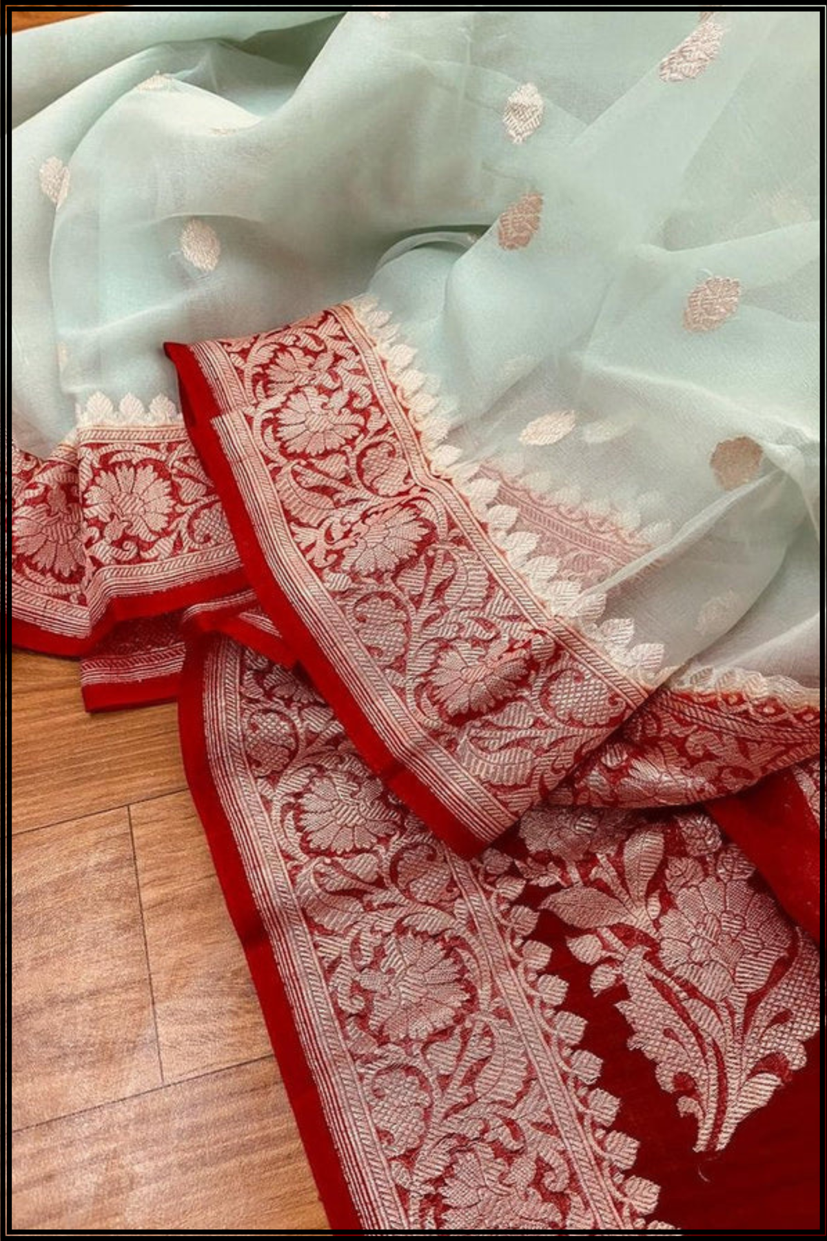 Elegant Half White Chiffon Handloom Banarasi Saree with Rich Red Border