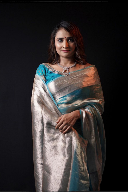 Ocean Blue Tissue Banarasi Saree