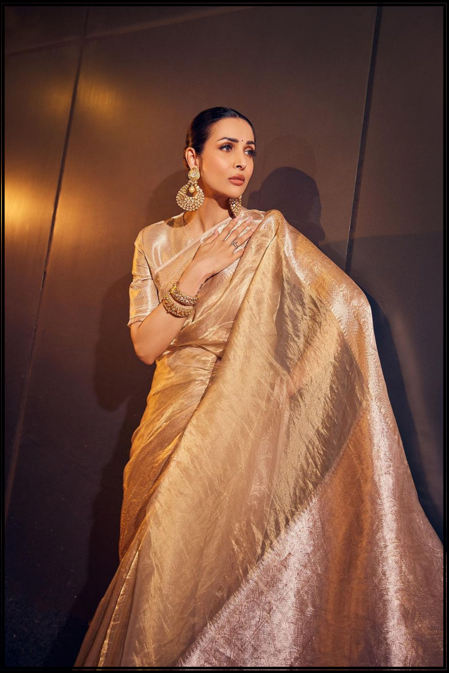 Mallaika Rose Gold Tissue Saree with Zari Border