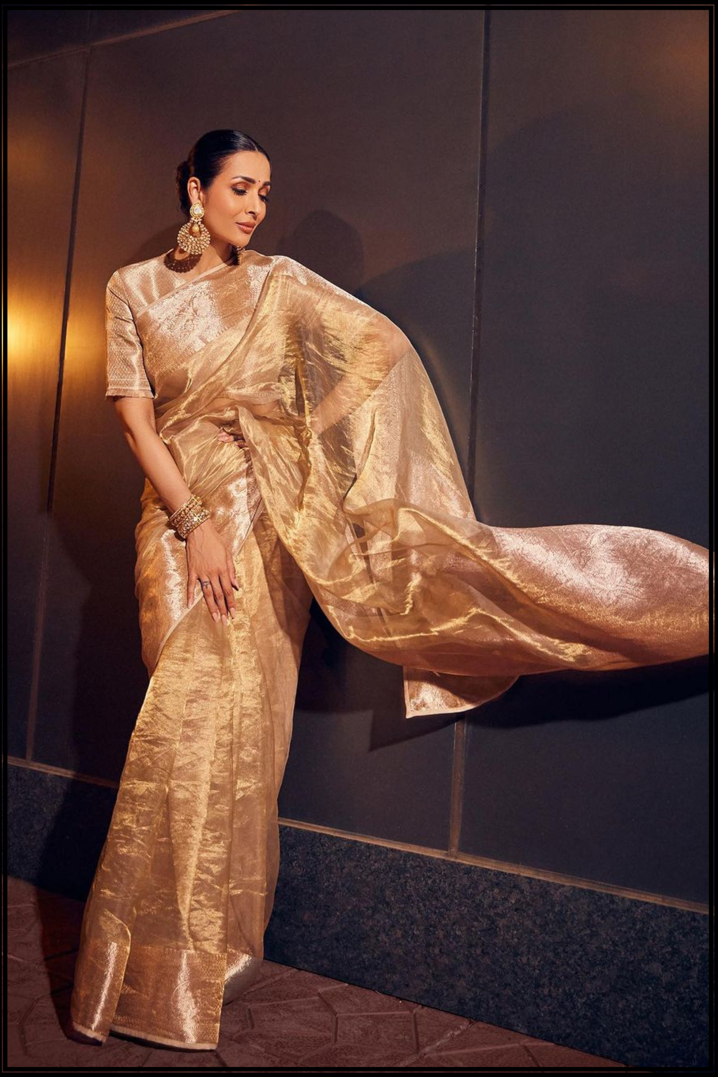 Mallaika Rose Gold Tissue Saree with Zari Border