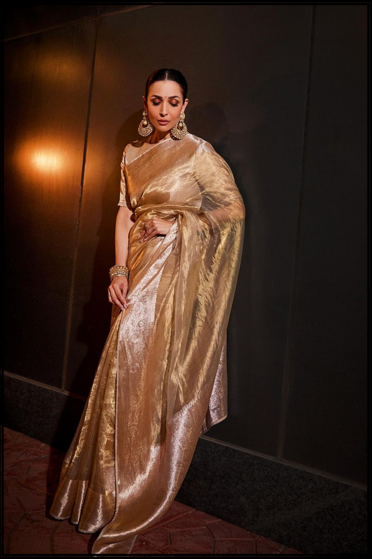 Mallaika Rose Gold Tissue Saree with Zari Border