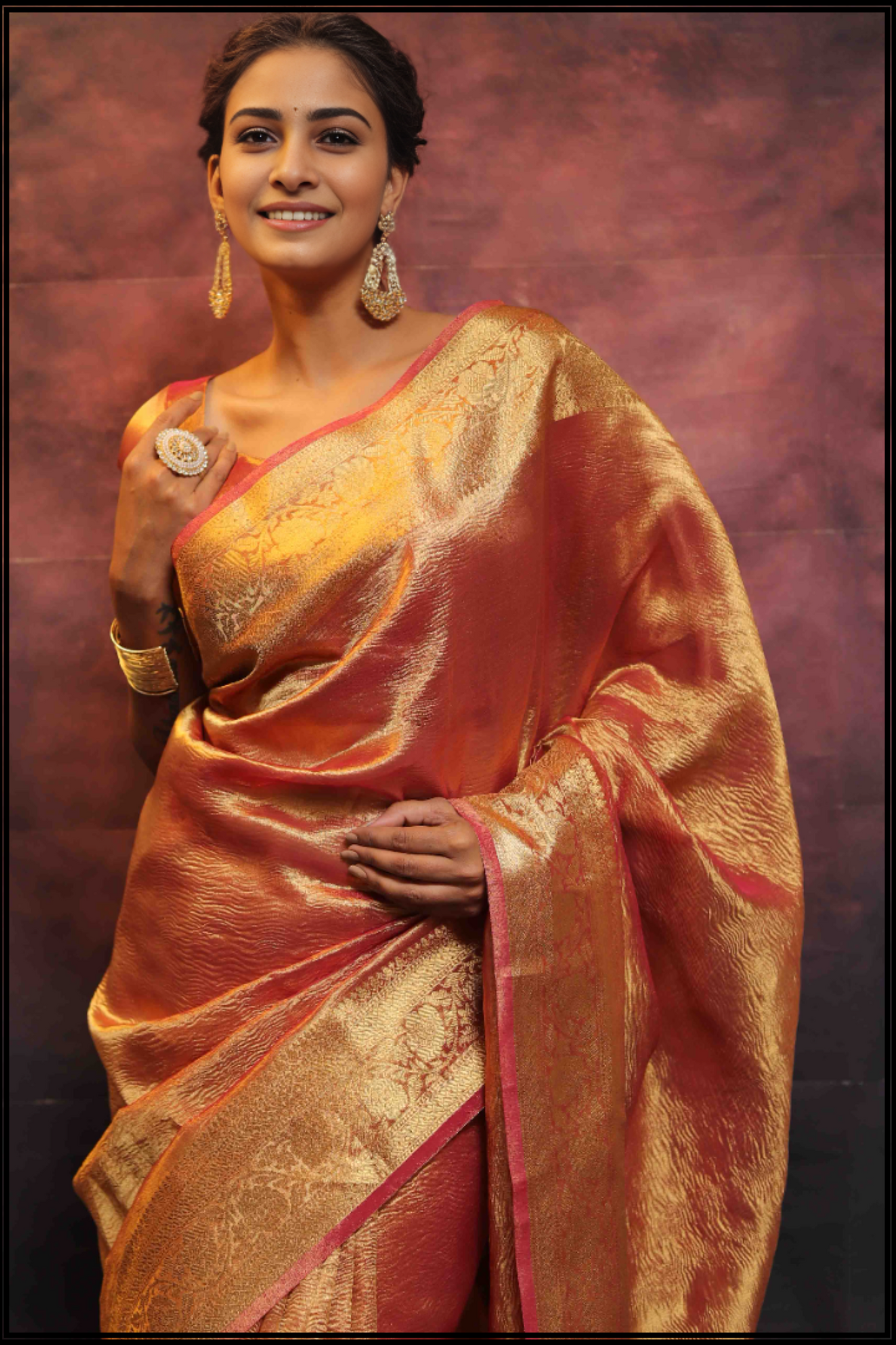 Banarasi Crushed Tissue Zari Border Saree-Rust