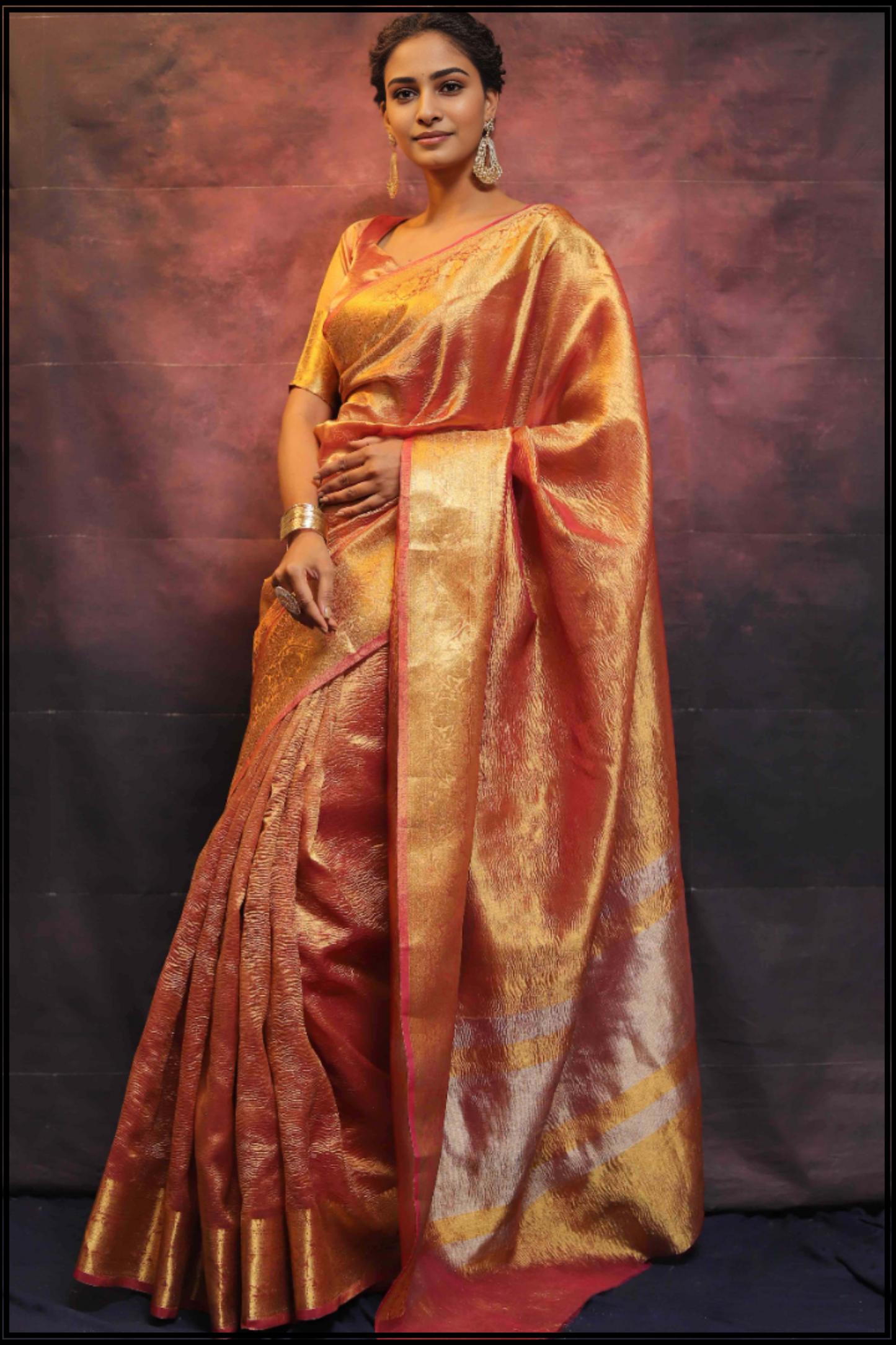 Banarasi Crushed Tissue Zari Border Saree-Rust