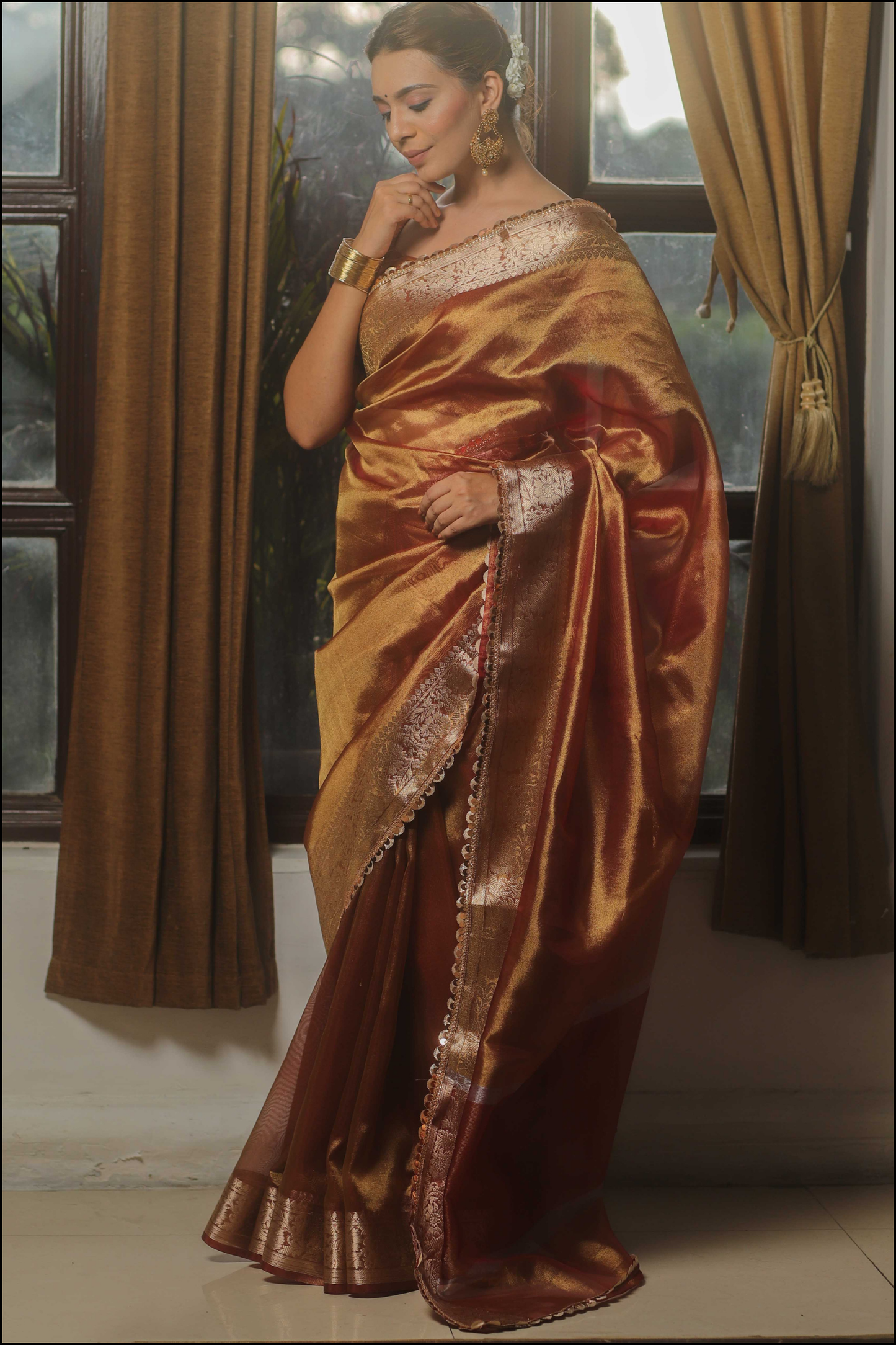 Banarasi Tissue Zari Border Lais Work Saree- Rust