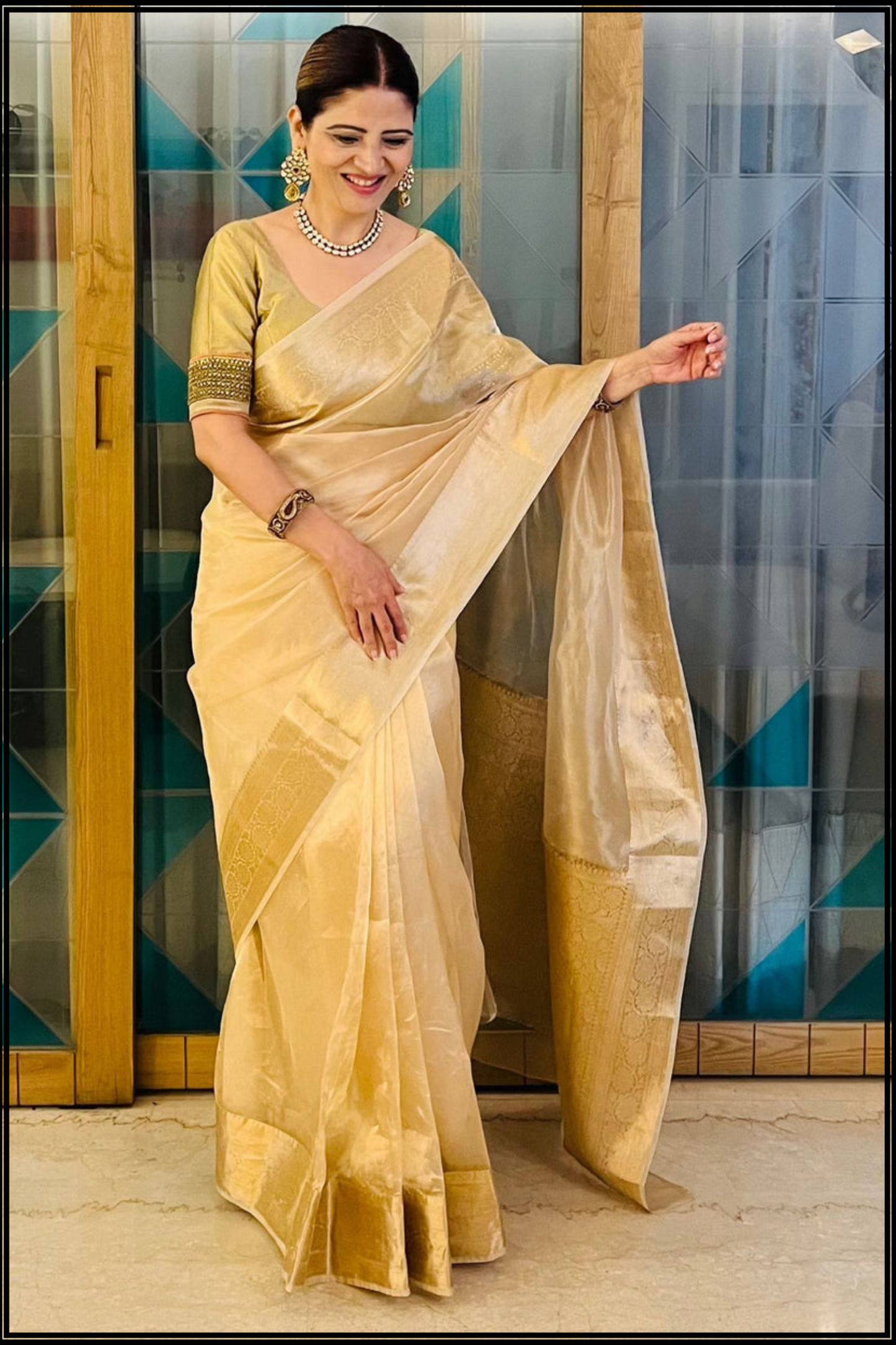 Rekha Gold Tissue Saree with Zari Border