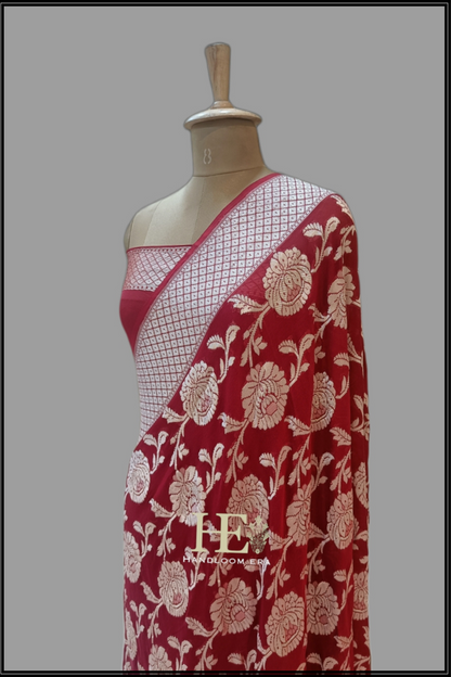 Georgette Khaddi Dark Red Shikargah Banarasi Saree