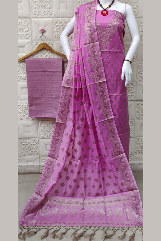 Banarasi Cotton Silk Unstiched Suits- Pink