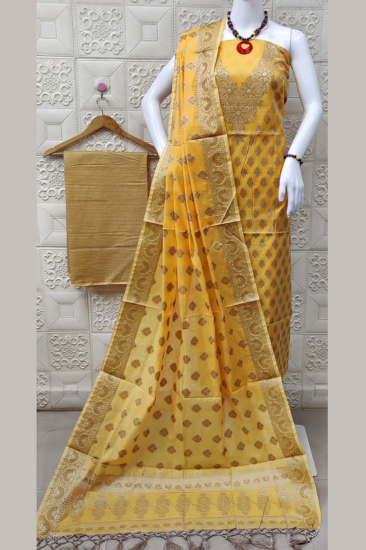 Banarasi Cotton Silk Unstiched Suit- Yellow