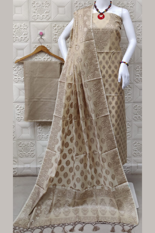 Banarasi Cotton Silk Unstiched Suit- Beige