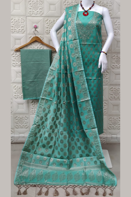 Banarasi Cotton Silk Unstiched Suit- Rama Green