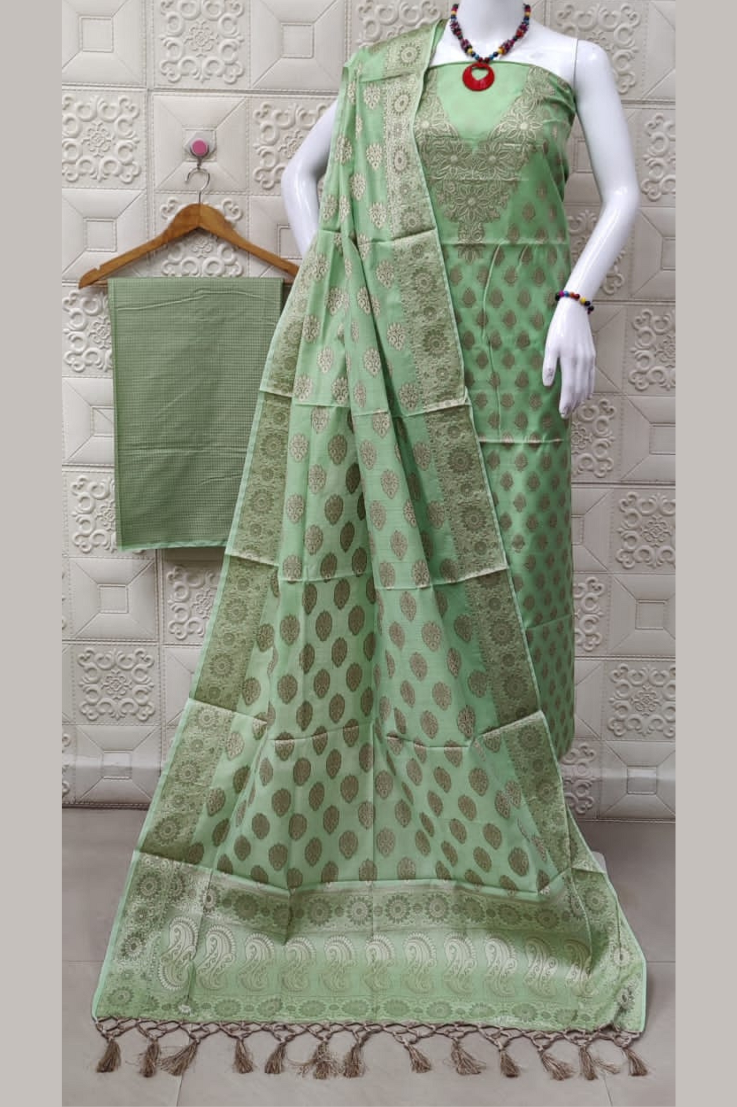 Banarasi Cotton Silk Unstiched Suit- Pista Green