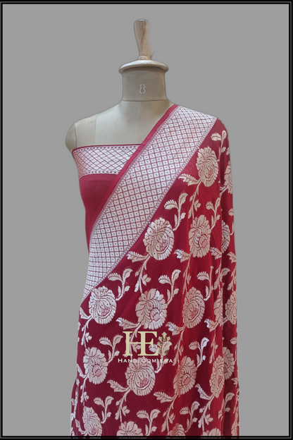 Georgette Khaddi Dark Red Shikargah Banarasi Saree