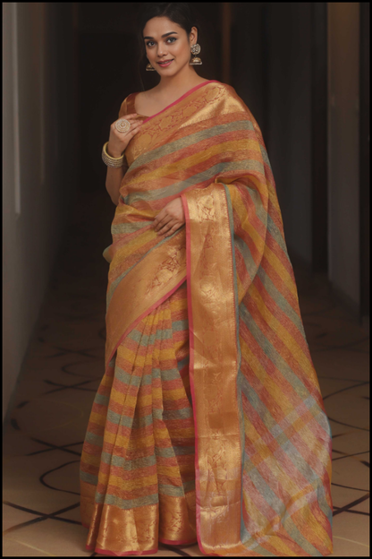 Banarasi Tissue Crushed Saree Multy-colour