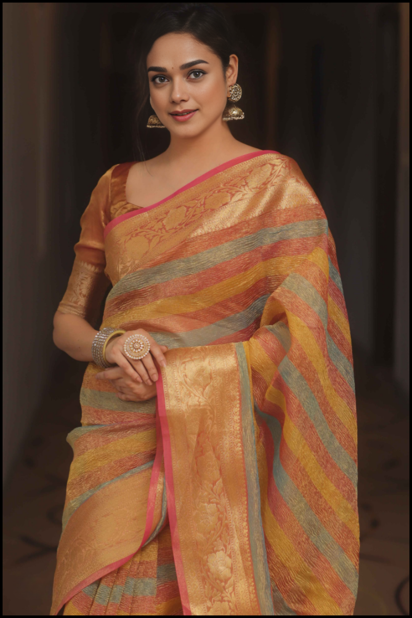 Banarasi Tissue Crushed Saree Multy-colour