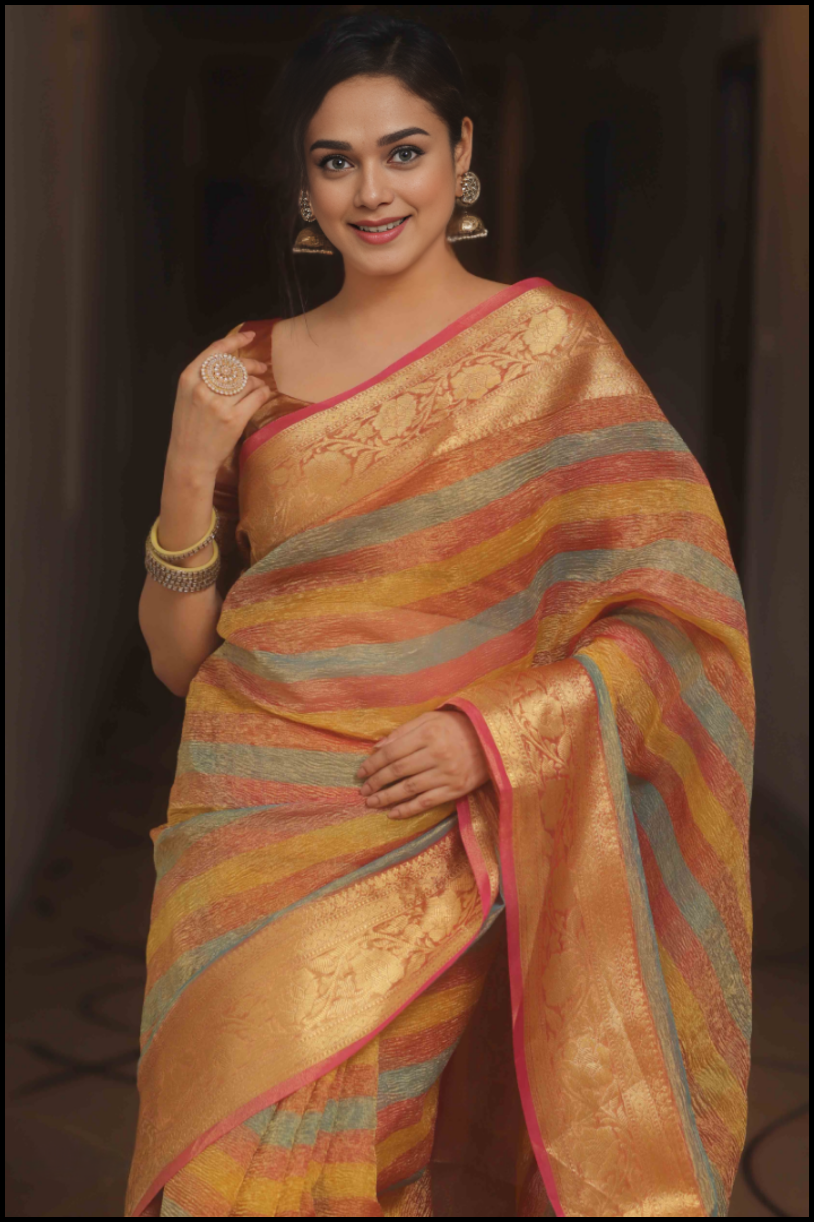 Banarasi Tissue Crushed Saree Multy-colour