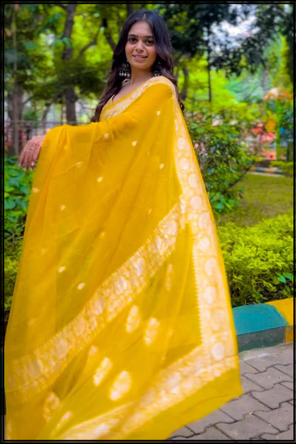 Yellow Pure Chiffon Khaddi Banarasi Saree