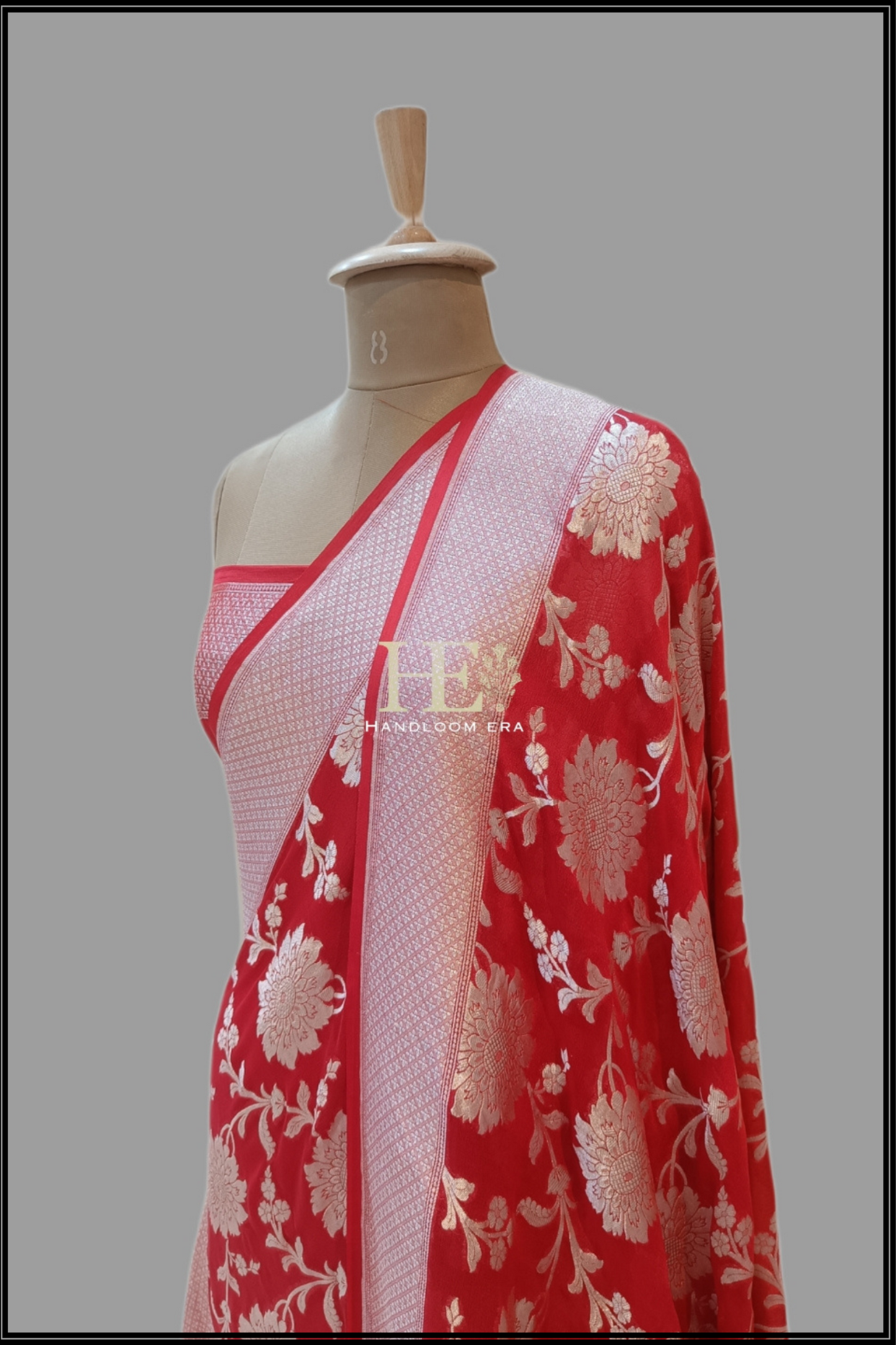 Khaddi Georgette Red Shikargah Handloom Banarasi Saree