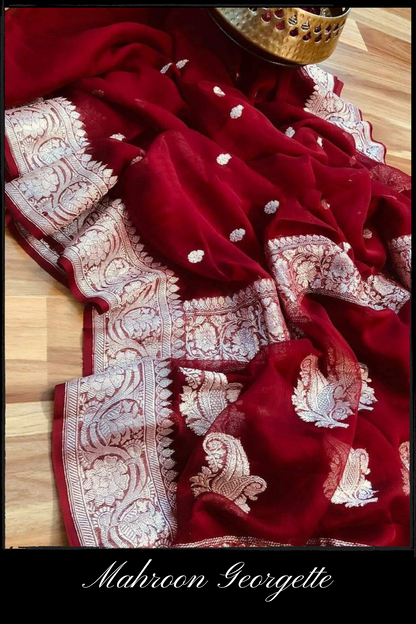 Georgette Mahroon Handloom Banarasi Saree