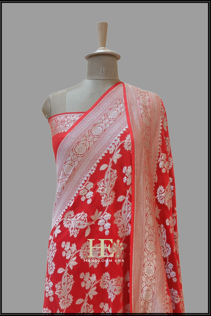 Georgette Khaddi Red Shikargah Handloom Banarasi Saree