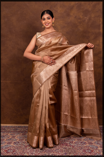 Brown Banarasi Woven Soft Tissue Silk Saree