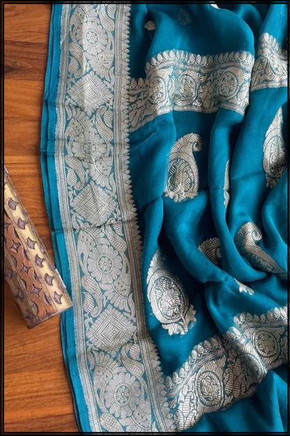 Blue Pure Chiffon Khaddi Banarasi Saree