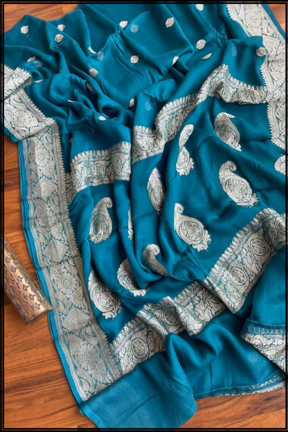 Blue Pure Chiffon Khaddi Banarasi Saree