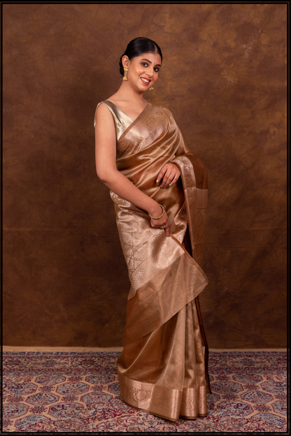 Brown Banarasi Woven Soft Tissue Silk Saree