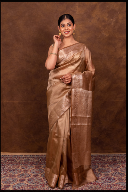 Brown Banarasi Woven Soft Tissue Silk Saree