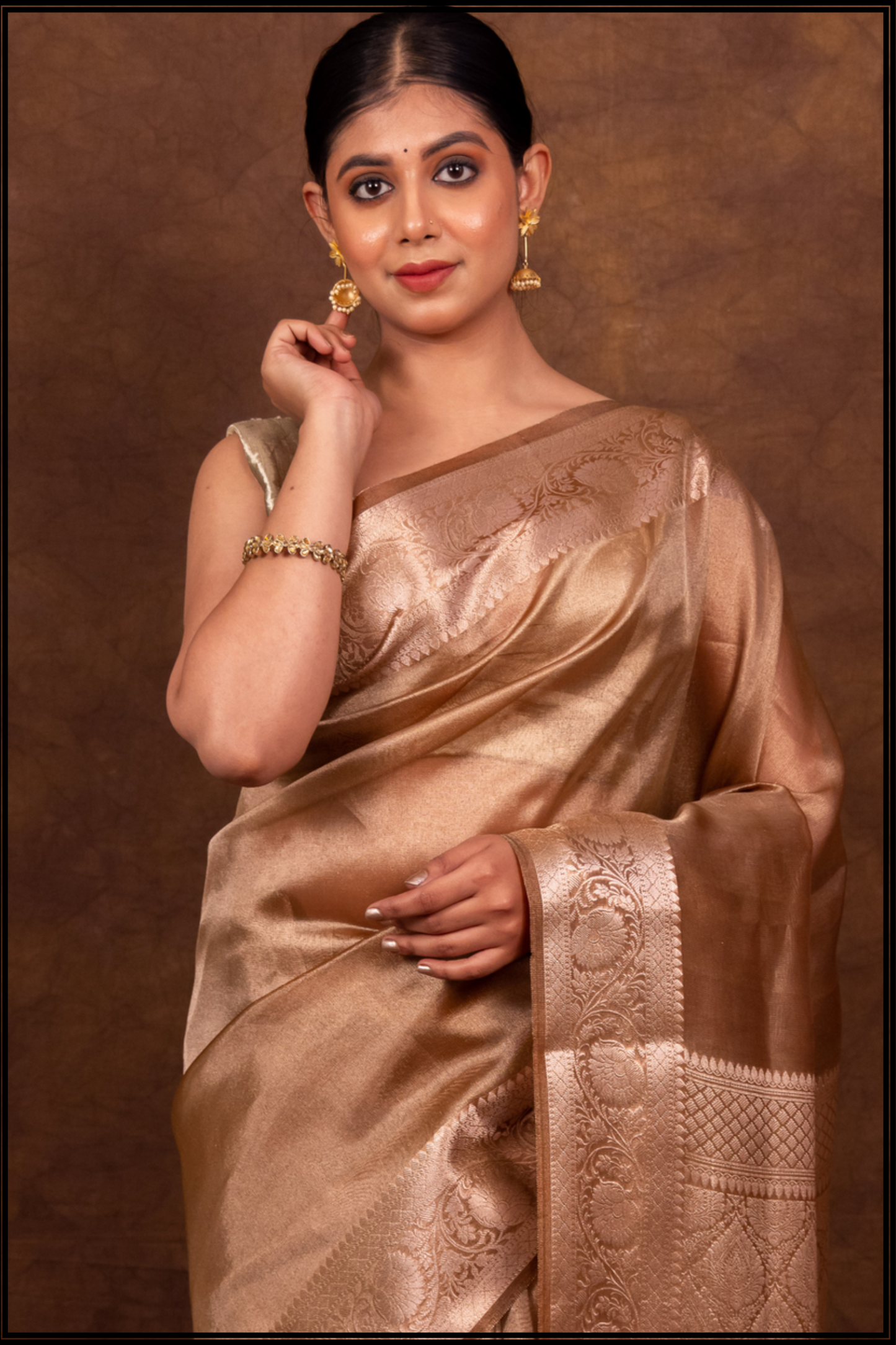 Brown Banarasi Woven Soft Tissue Silk Saree