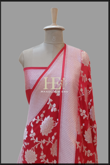 Khaddi Georgette Red Shikargah Handloom Banarasi Saree