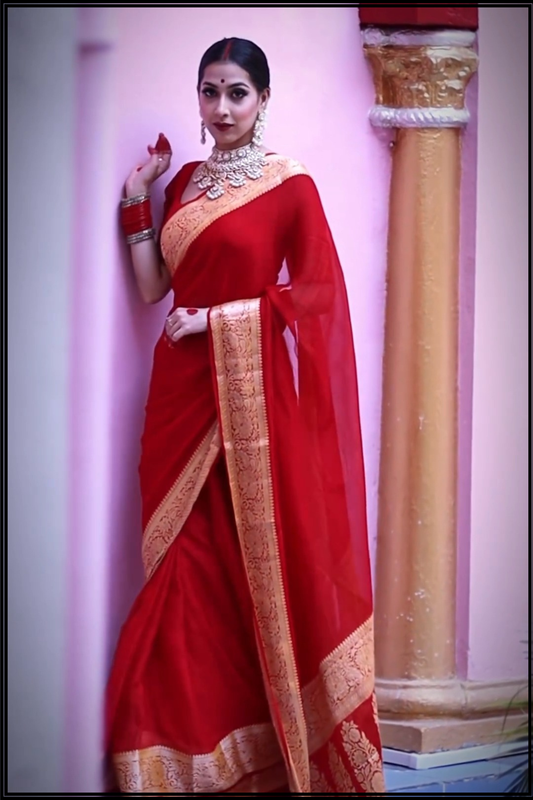 Ruby Red Chiffon Banarasi Saree with Gold Zari