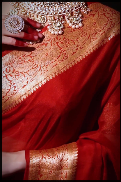 Ruby Red Chiffon Banarasi Saree with Gold Zari