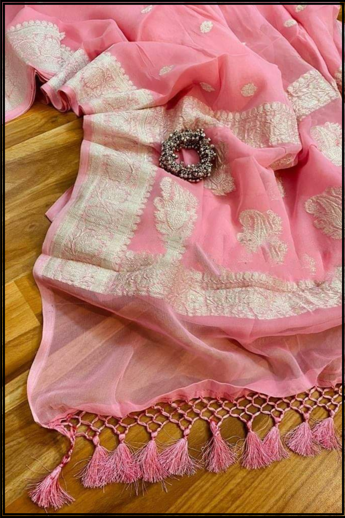 Peach Chiffon Handloom Banarasi Saree