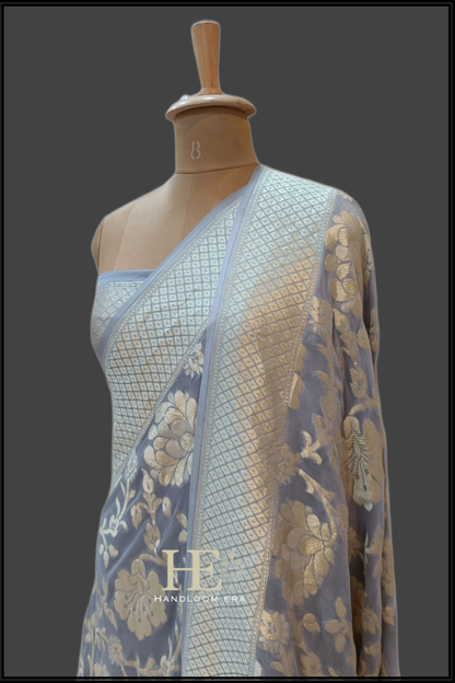 Pure Georgette Gold Zari Banarasi Saree Handwoven in Varanasi