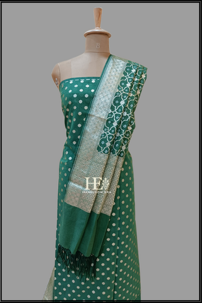 Bottle Green Cotton Unstiched Banarasi Suit