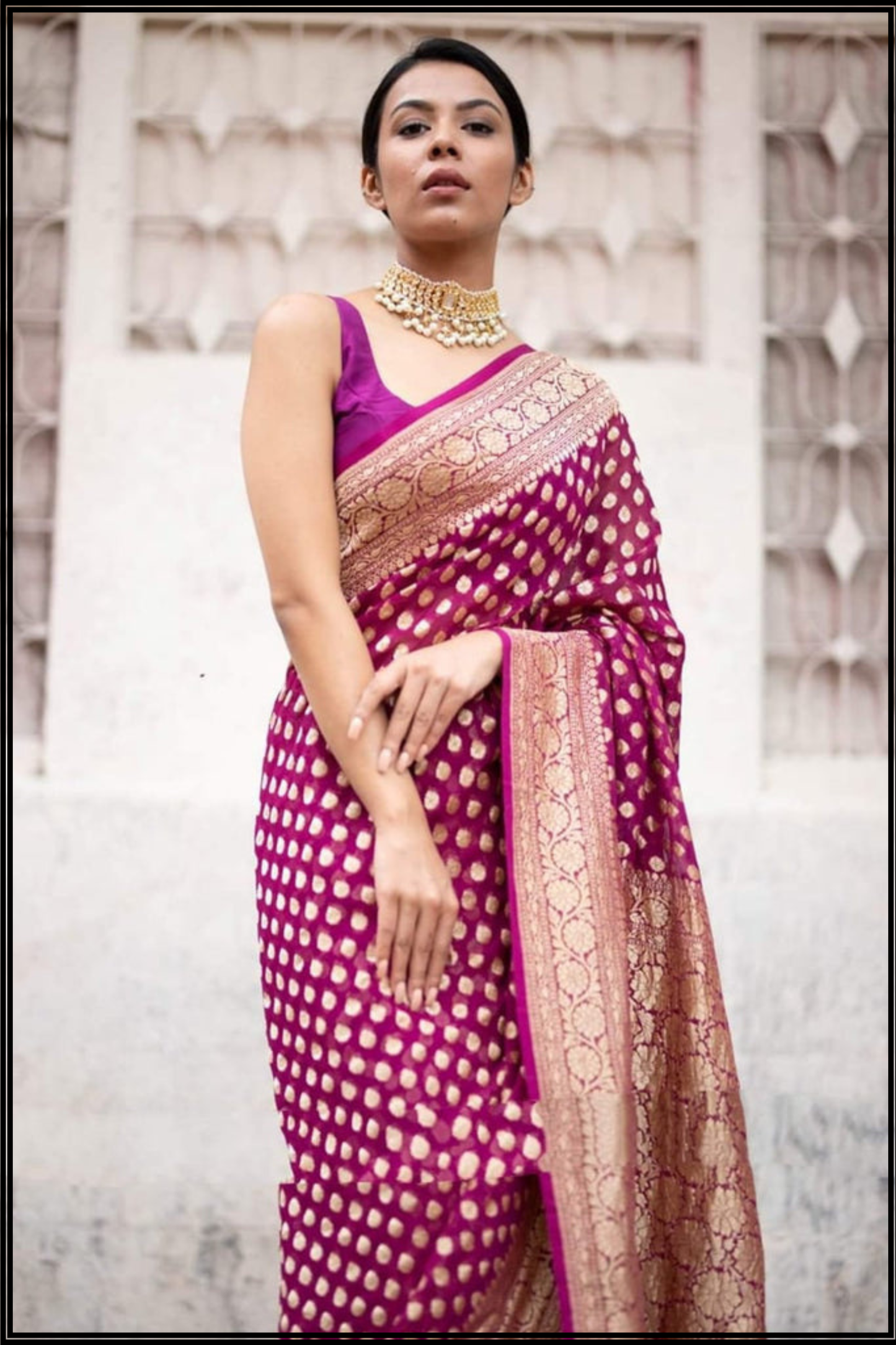 Magenta Pure Georgette Banarasi Saree gold zari