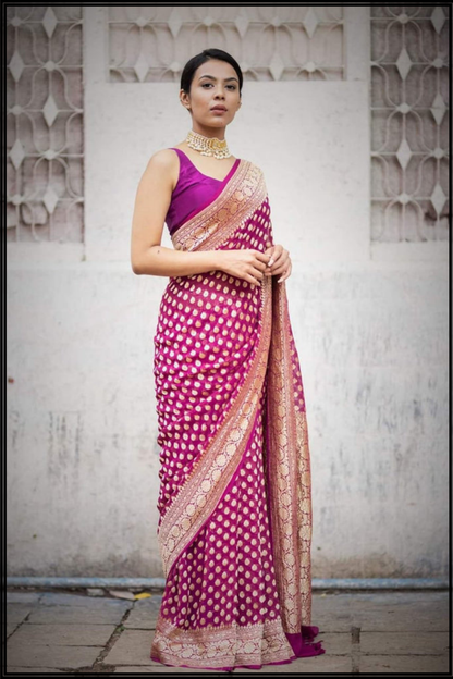 Magenta Pure Georgette Banarasi Saree gold zari