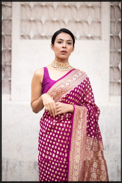 Magenta Pure Georgette Banarasi Saree gold zari