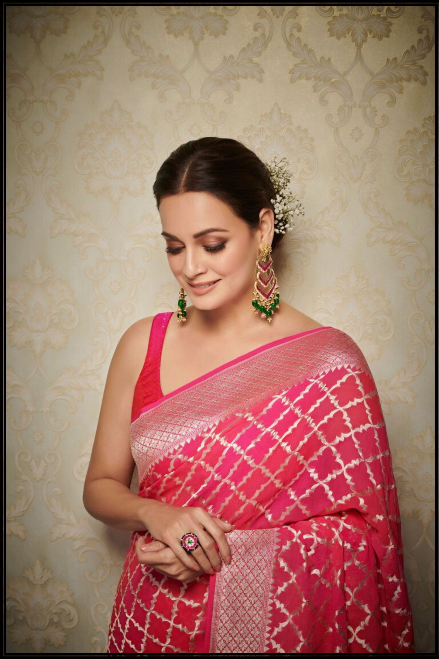 Dia Mirza in Pink Georgette Banarasi Saree