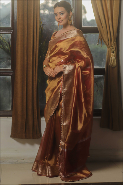 Banarasi Tissue Zari Border Lais Work Saree- Rust