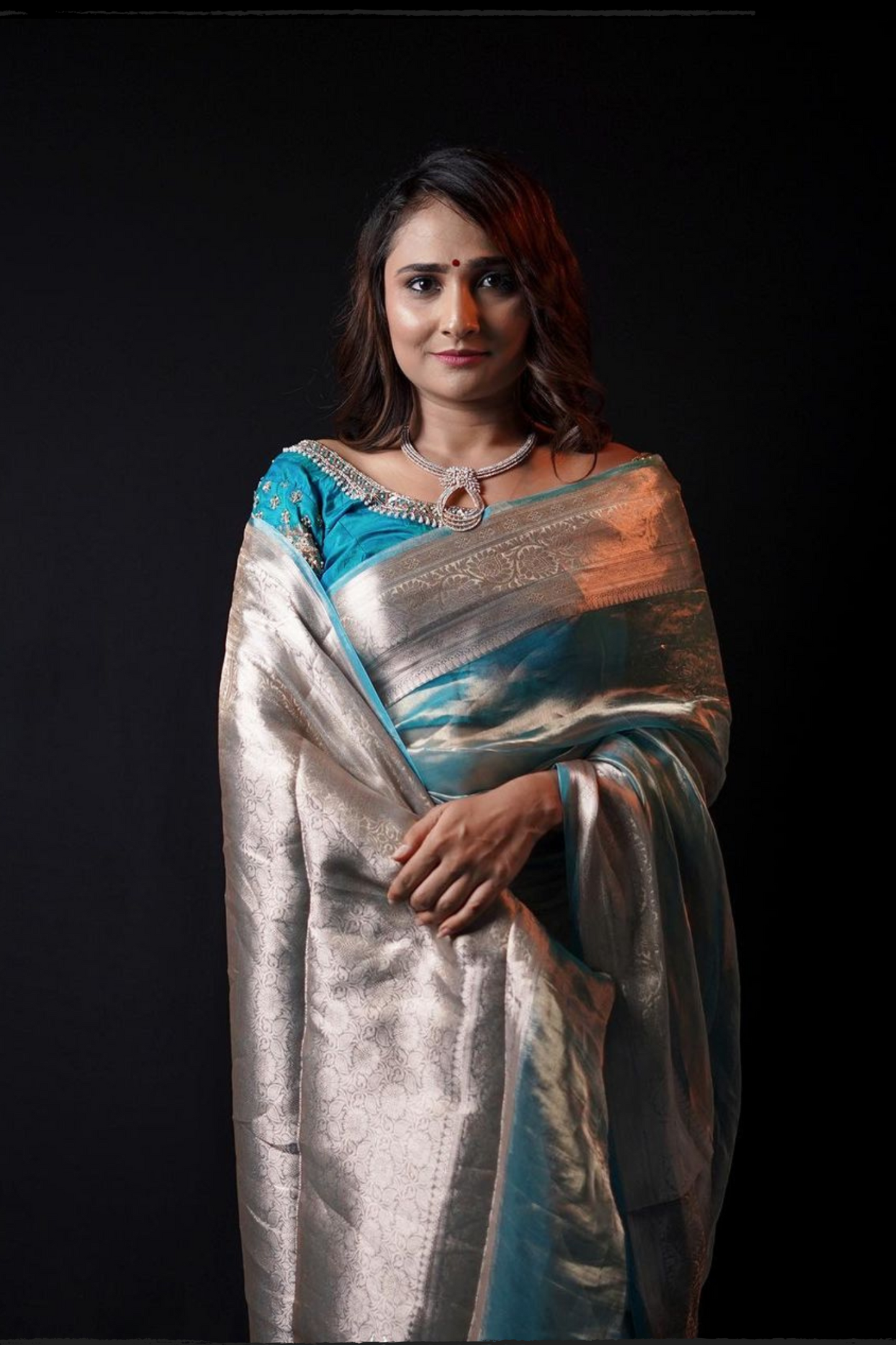 Ocean Blue Tissue Banarasi Saree with Zari Border