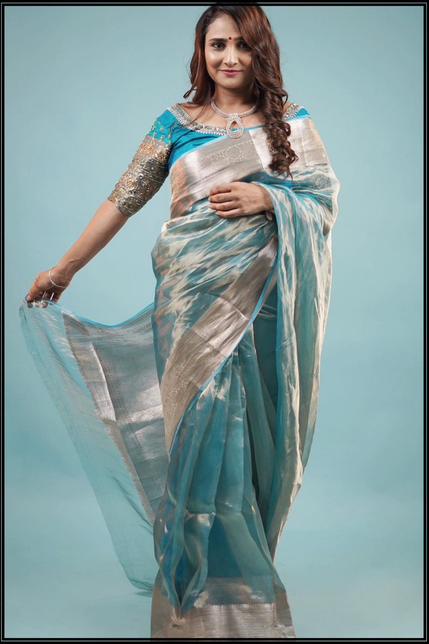 Ocean Blue Tissue Banarasi Saree with Zari Border