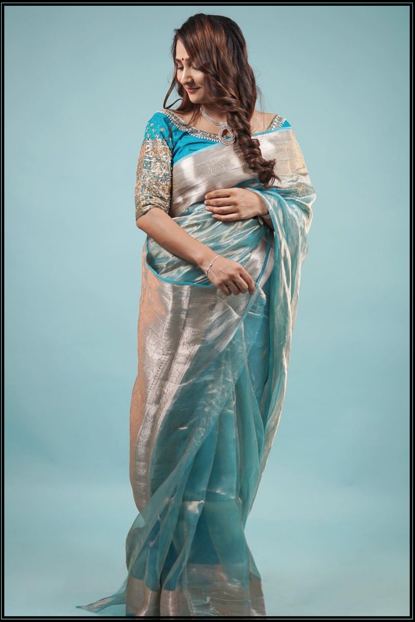 Ocean Blue Tissue Banarasi Saree with Zari Border