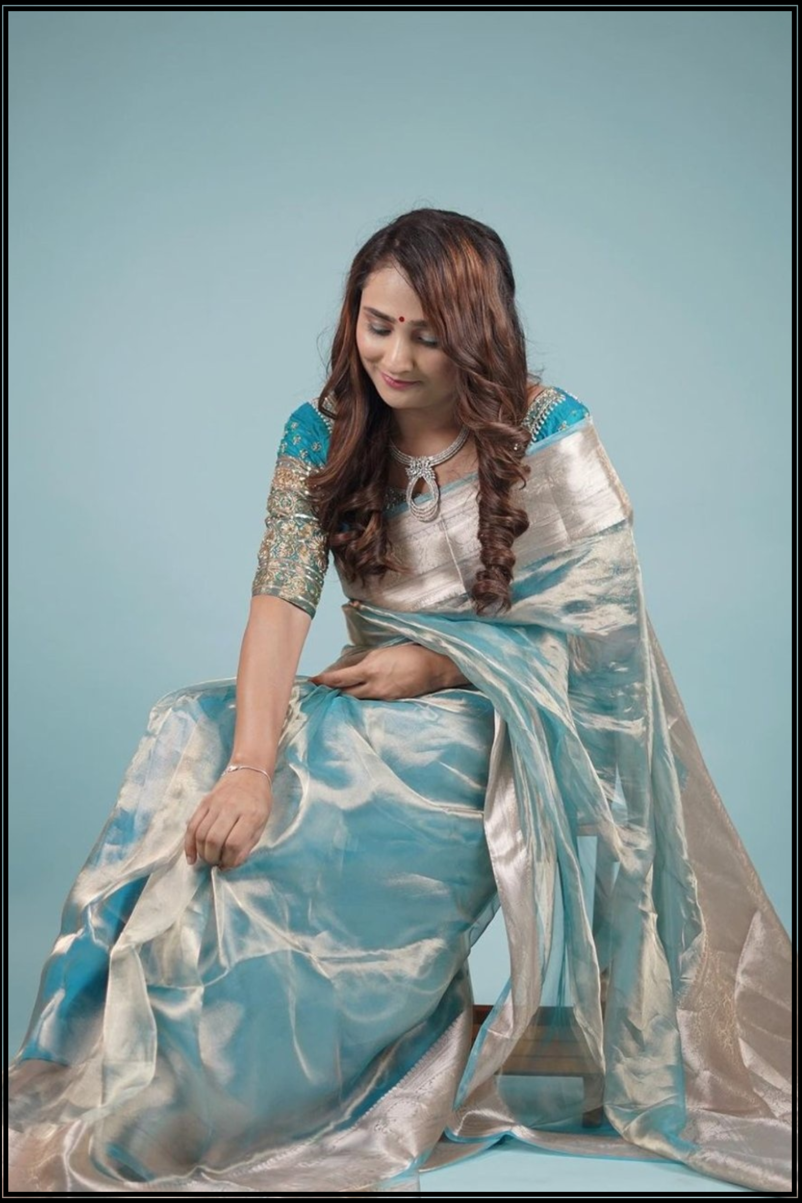 Ocean Blue Tissue Banarasi Saree with Zari Border