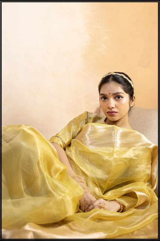 Janhvii Yellow Tissue Saree with Zari Border