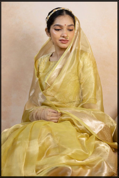 Janhvii Yellow Tissue Saree with Zari Border