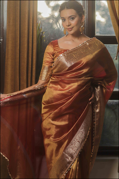 Banarasi Tissue Zari Border Lais Work Saree- Rust