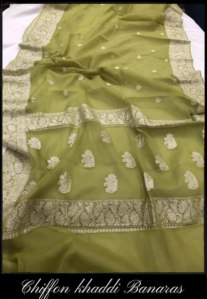 Mahendi Chiffon Khaddi Banarasi Saree