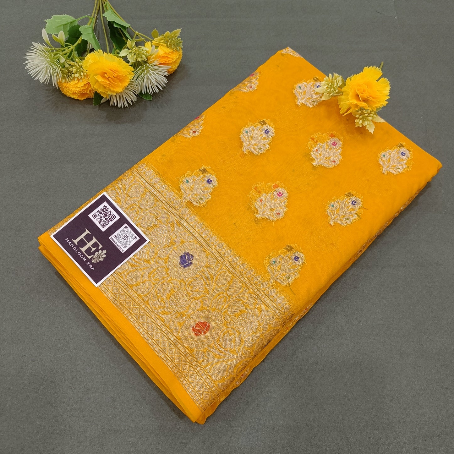 Banarasi Organza Silk Meenakari Saree in Haldi Colour